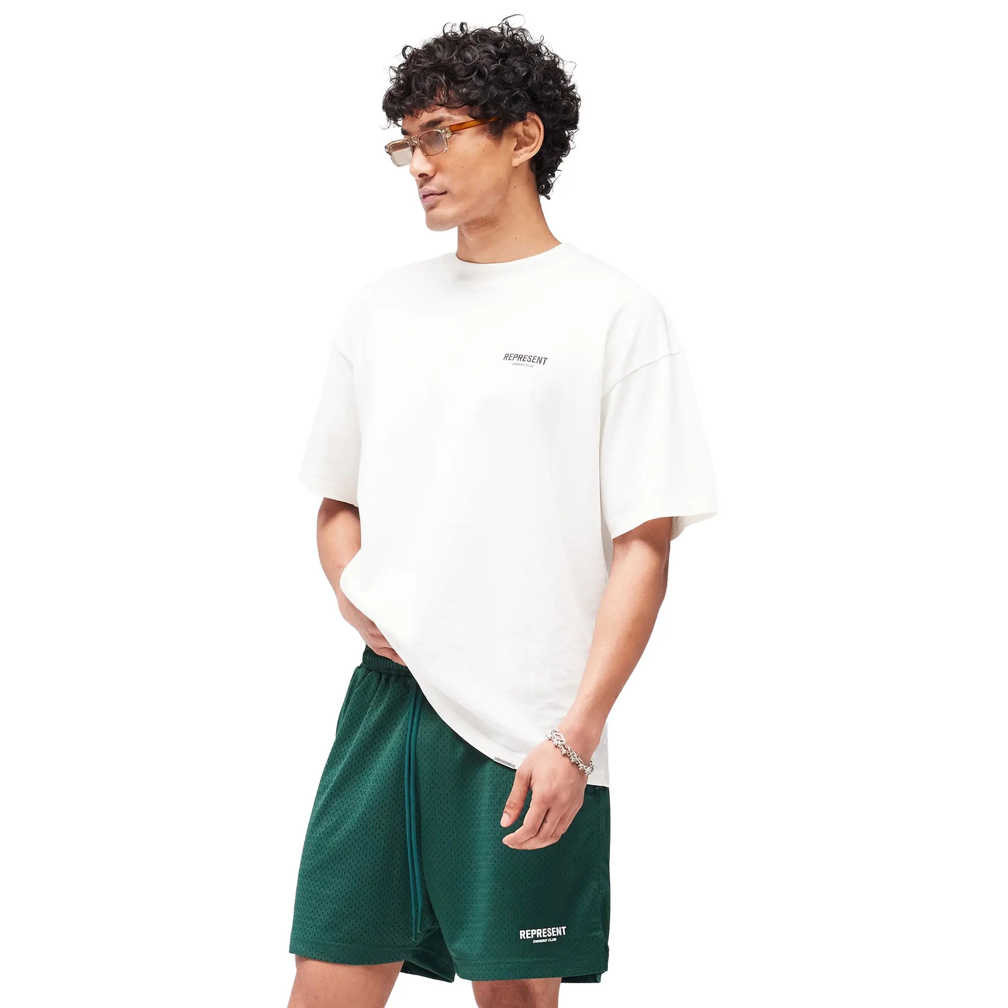 Front Side View of Represent Owners Club Oversized Fit Flat White T-Shirt
